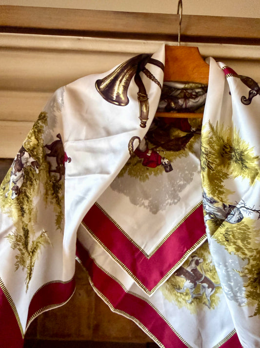 Vintage French Silk Equestrian Scarf (red border)